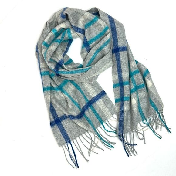 Charter Club Cashmere Scarf Gray Blue Plaid with Fringes Women’s Men’s - Picture 1 of 9
